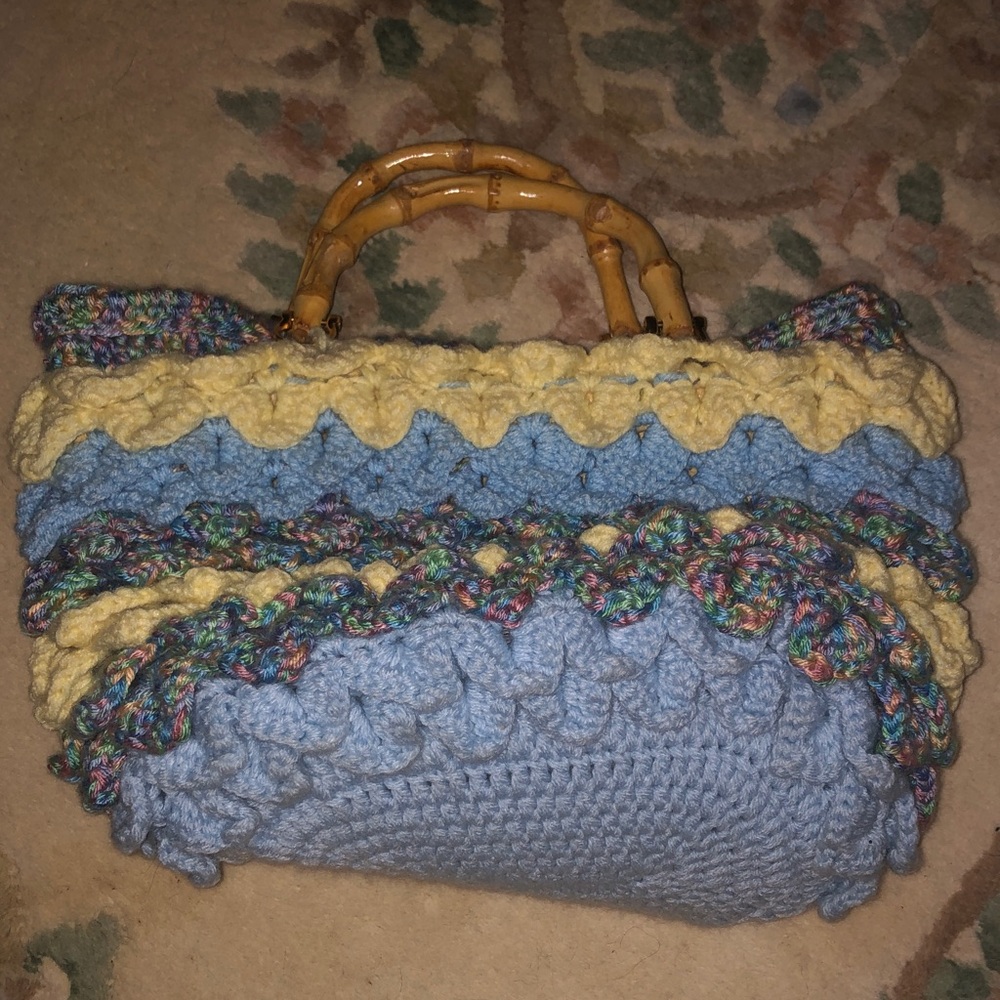 Vintage handmade Colorful Crochet Tote with Bamboo Handles